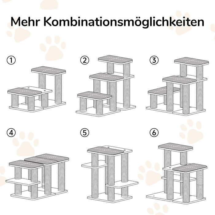 Сходинки для собак FUKUMARU, 3 сходинки, для домашніх тварин, з натурального гумового дерева та джуту, регульована висота 18-51 см, витримує до 90 кг, знімний м'який килимок, 6 варіантів комбінації, білий килимок