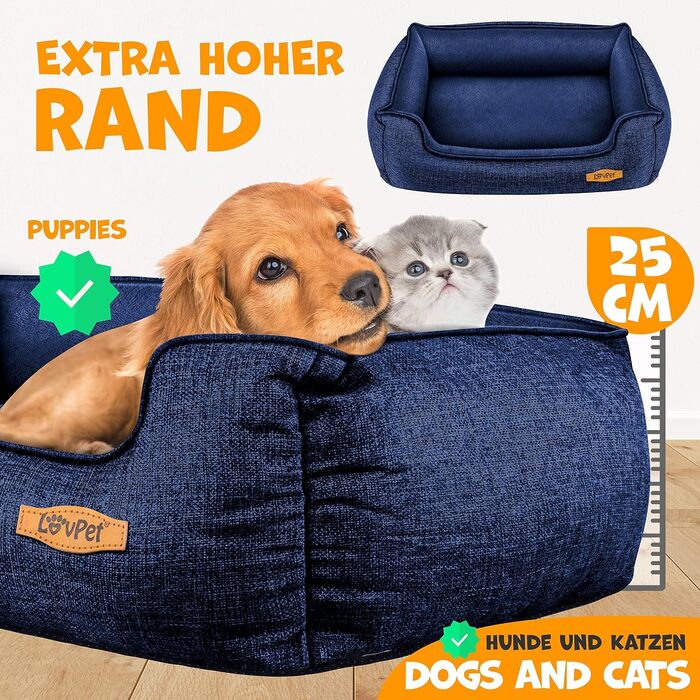 Lovpet® Dog Bed Dog Cushion Dog Basket Chiller, Incl. Bowl + 3X Chew Bones, Dog Sofa Cushion for Small, Medium & Large Dogs, Removable and Washable Cover, L 90 x 75 x 25 cm (M (70 x 55 x 21 cm), Navy Blue)