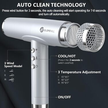 Іонізатор для волосся Slopehill, 110 000 обертів/хв, швидке сушіння, магнітний дифузор, тиха робота, біокераміка, для дому, подорожей, салону (світло-сірий)