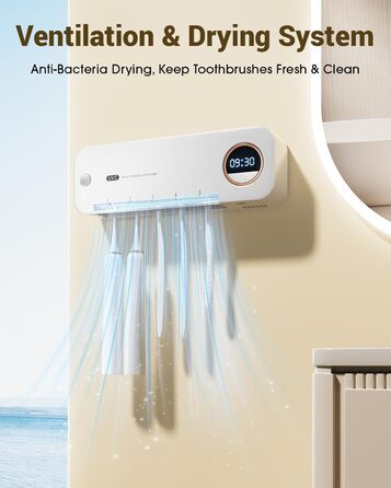 Стерилізатор зубних щіток UV-C та UV-A, настінний тримач з функцією повітряної сушки, для дому та подорожей (білий)