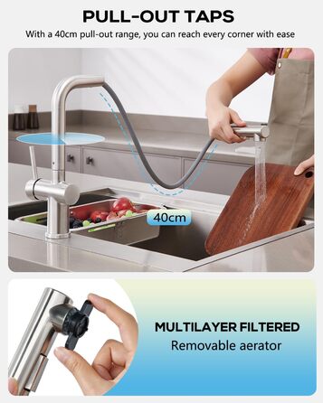 Змішувач кухонний з висувною лійкою, високого тиску, з двома режимами струменя, поворотний на 360°, L-подібний, з нержавіючої сталі (шліфований)