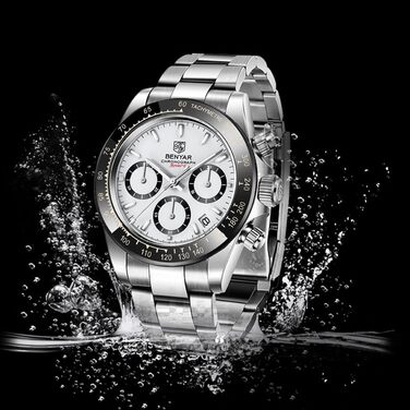 Чоловічий годинник BENYAR: Хронограф, кварцовий механізм, водонепроникний, з нержавіючої сталі, для бізнесу, спорту та відпочинку (срібний)