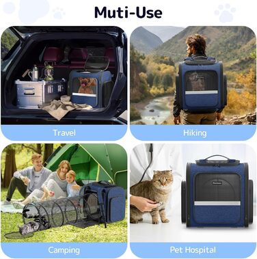 Рюкзак для кота Pawtners з розширеним тунелем для ігор, схвалений авіакомпаніями, для собак та котів до 11,3 кг, складаний, блакитний (40 x 32 x 38 см)