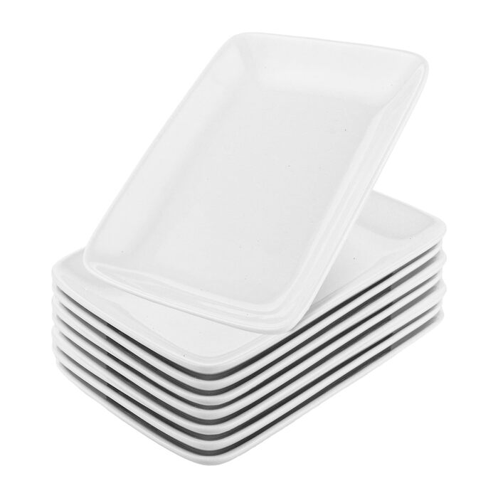 Набір Teller Rechteckig: 8 прямокутних сервіровочних тарілок з порцеляни, 23x14x2.8 см, білий колір, для буфетів, тортів, десертів, м'яса, антипасті, суші, салату, страви