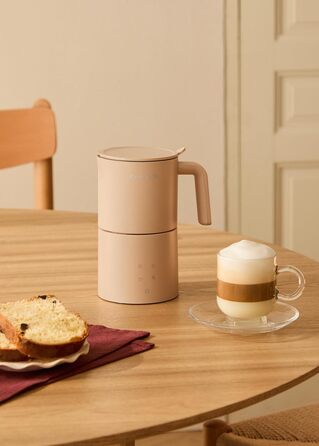 Електричний спінювач молока MilkFrother Cremeweiß з сенсорним екраном, 4 автоматичні програми, система безпеки, 350 мл, для гарячих та холодних напоїв, 400W (пісочний колір)