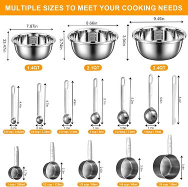 Mixing Bowl 3-Piece Set, Measuring Cup and Measuring Spoon 12-Piece Set, 5 Cup Pitcher & 7 Measuring Spoons, Nesting Cups, Stainless Steel Teaspoons and Tablespoons 18/8 for Baking and Cooking (Silver)