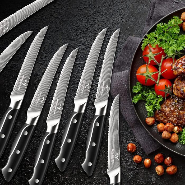 NANFANG BROTHERS 18-Piece Damascus Kitchen Knife Set with Hammered Handles & Wood Block - Premium Sharp Steel Blades