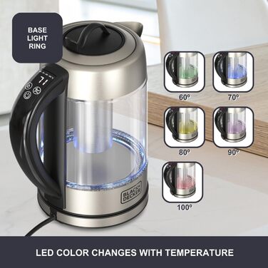 Електричний чайник BLACK+DECKER BXKE2202E, 1.2L, 2200W, 360° обертання, для лівшів, з автовимкненням, скляний