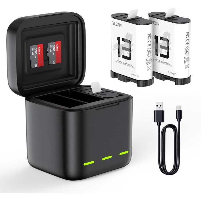 Telesin 2 шт. акумулятори Enduro + зарядний пристрій для GoPro Hero 13 Black. Запасні акумулятори з швидкою зарядкою, сумісні з GoPro 13 Black. Комплект: 2 акумулятори + 1 зарядний пристрій