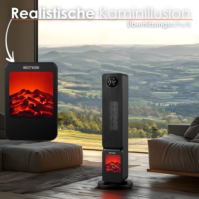 Electric Heater with Fireplace Illusion, Energy-Saving, Oscillating, Overheat Protection, 2000 Watts, 2 Levels, Controllable via Smartphone with Tuya App, Heater, Quiet Mobile Heater, Electric Heater, Mini Heater