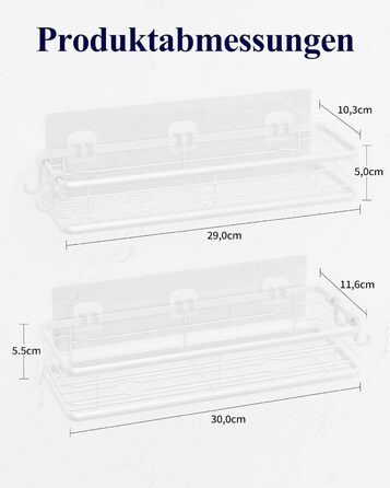 Набір душових полок Kitsure (3 шт.) без свердління, нержавіюча сталь, великий розмір, білий