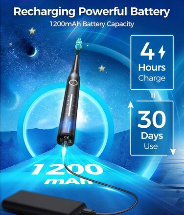 Звукова зубна щітка Schallzahnbürste для дорослих, 8 насадок, 40000 об/хв, 5 режимів, до 30 днів роботи, швидка зарядка, IPX7 водонепроникна, чорна