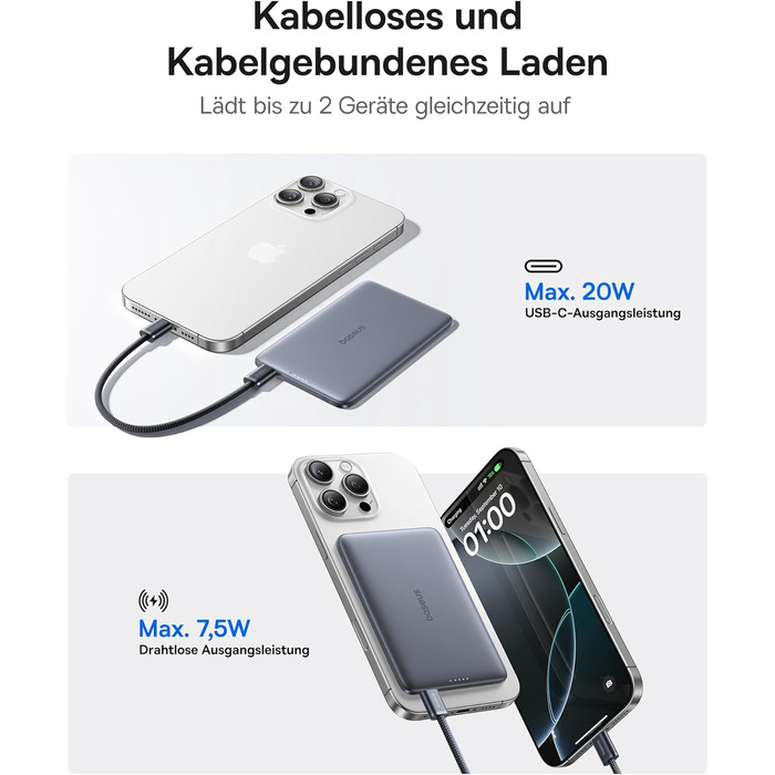 Power Bank Baseus Picogo AM41: 5000mAh, Magsafe, PD 20W, бездротова зарядка, USB-C, для iPhone 17/16/15/14/13/12, Space Grey