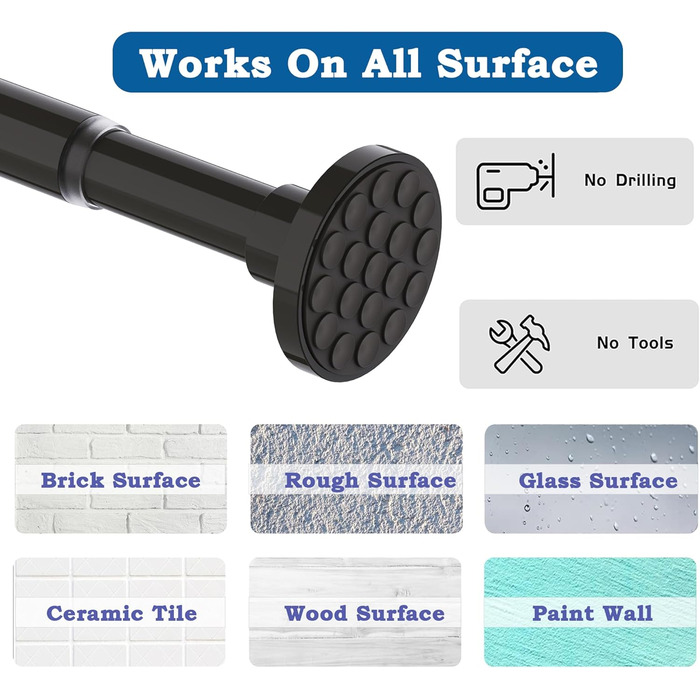 Штанга для штор у ванну/спальню, телескопічна, без свердління, 85-195 см, діаметр 32 мм, чорна