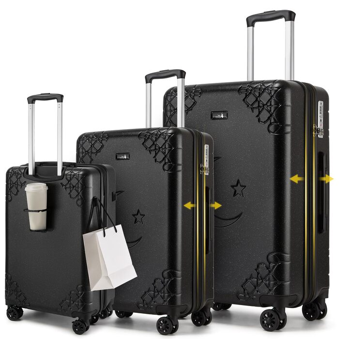 Набір валіз Sea Choice 3 шт. з жорстким корпусом, розширюваний, легкий, з 4 колесами, з тримачем для напоїв та TSA замком, чорний
