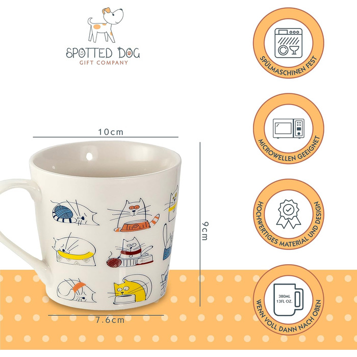 Spotted Dog Gift Company Coffee Mug with Cat Design, Ceramic Mug Set, Cute Coffee Mugs, Cat Kitchen Accessories, Gifts for Cat Lovers, Cat Mom, 4 x 380ml