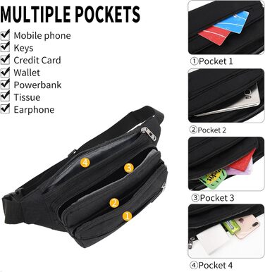 Чоловіча/жіноча поясна сумка на пояс, 60 см ремінь, унісекс, чорна, для подорожей, прогулянок з собакою