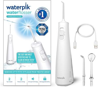 Waterpik Pulse Бездротова Іригатор для Рота (Мандюшче) з 2 Насадками, Білий. Професійне видалення нальоту, 2 режими інтенсивності, 45 сек резервуар, для чищення зубів та міжзубних проміжків