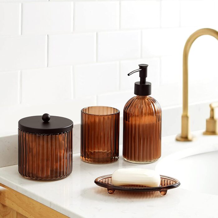 4-Piece Heavy Glass Bathroom Accessories Set with Decorative Embossed Pattern – Includes Soap Dispenser, Cup, Soap Dish, and Toothbrush Holder (brown)