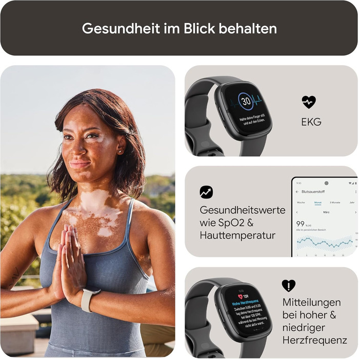 Fitbit Sense 2 – Розумний годинник для жінок та чоловіків – Фітнес-трекер з GPS, телефоном, аналізом стресу, ЕКГ та сном – сумісний з Android/iOS (Графіт / Алюміній)