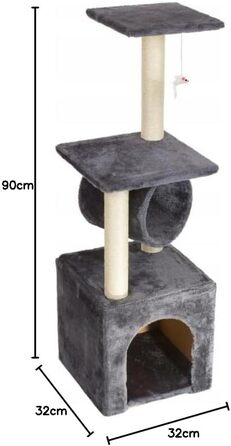 Клітка-гойдалка для котів Kratzbaum 90 см з оглядовою платформою, будиночком та когтеточками, сізал, сірий