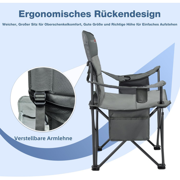 Розкладний стілець для кемпінгу RELAX FIELD 200KG з підстаканником та сумкою-холодильником, рибальський стілець, сірий (2 шт)