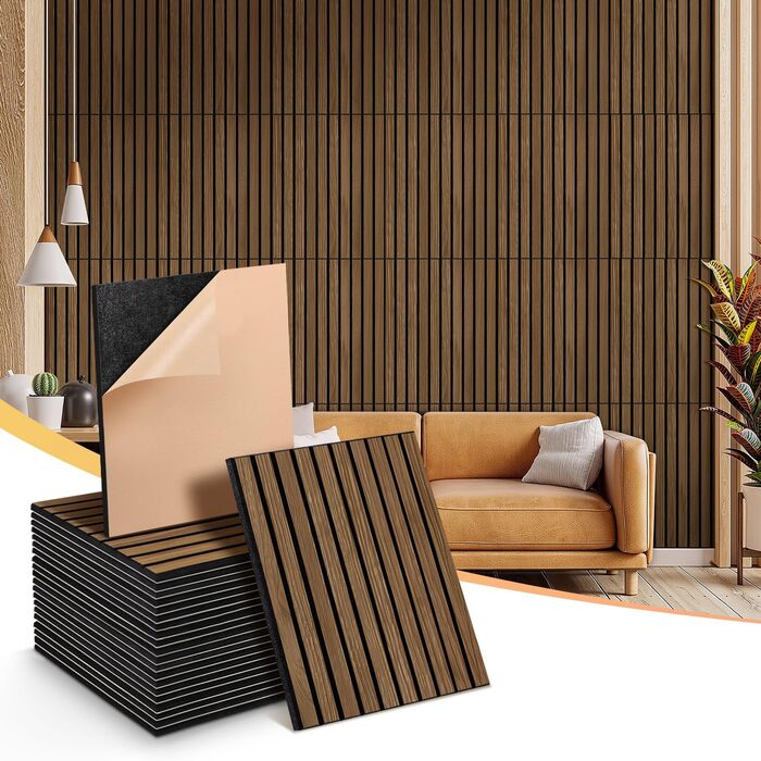 Акустичні настінні панелі NZQXJXZ з дерев'яним шпоном, самоклеючі шумопоглинаючі панелі для дому, офісу та студії, 40x30x1 см, 12 шт.