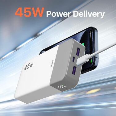 Power Bank JUOVI 20000mAh з швидкою зарядкою 45W, 2xUSB-C, 2xUSB-A, LED-індикатор, для телефону, ноутбука, планшета - білий J2621