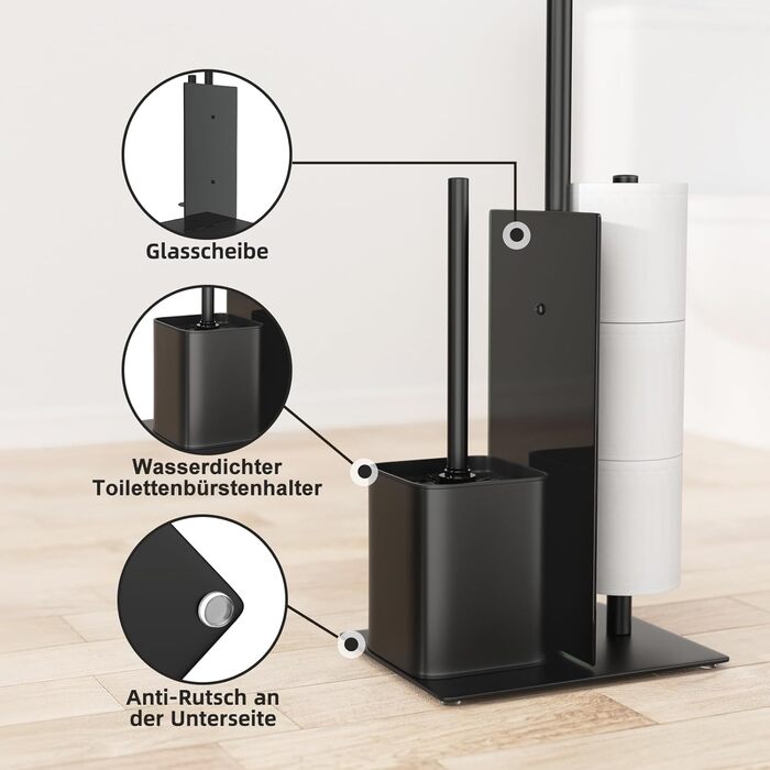 Stainless Steel Toilet Paper Holder with Brush - Standing Toilet Paper Roll Holder & WC Brush Set with Glass Shelf (Matte Black)