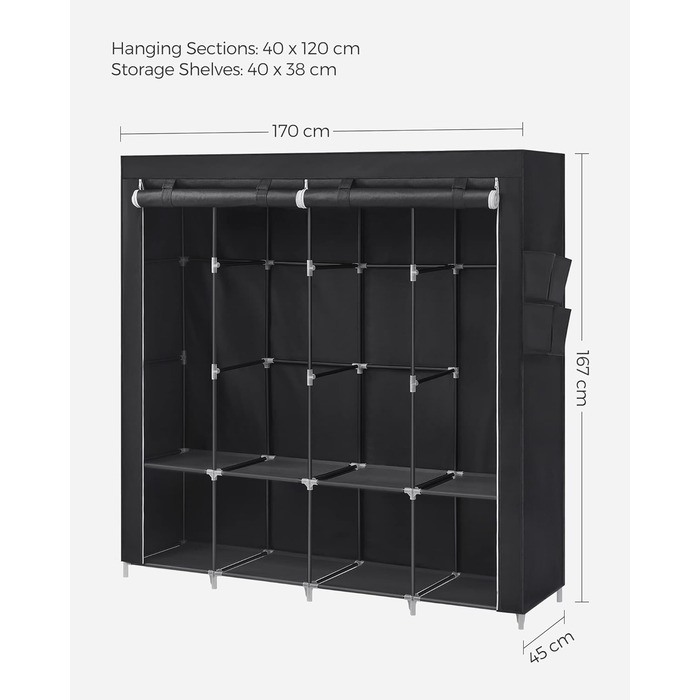 SONGMICS Wardrobe, Clothes Closet, 45 x 170 x 167 cm, 4 Hanging Shelves, with Shelves, 4 Side Pockets, Lots of Space, for Bedroom, Living Room, Black RYG094B02