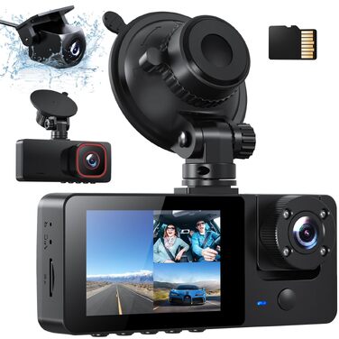 Автомобільний відеореєстратор Bestsee 1080P 3-канальний (передній, задній та салонний) з карткою пам'яті 64GB