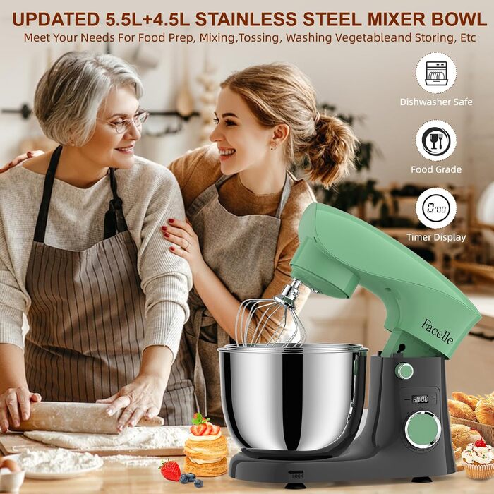 Кухонна машина/міксер Facelle 1500W з 5.5L та 4.5L чашами, 10+ програм, тиха робота, з набором насадок (зелено-сірий)