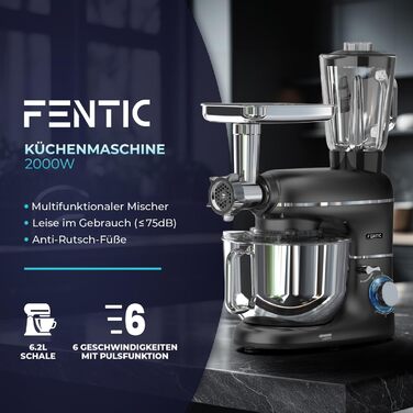 Кухонна машина Fentic 6-в-1 – 2000W з м'ясоподрібнювачем, соковитискачем 1,5л, слайсером та ін. – міксер з чашею 6,2л, гаком для тіста, вінчиком та захистом від бризок (Чорний)
