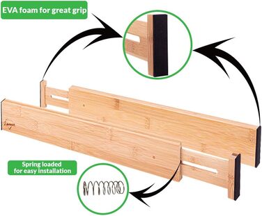 Bamboo Drawer Dividers for Kitchen - Organizational Set of 4 - Spring-Loaded Adjustable & Expandable Drawer Organization