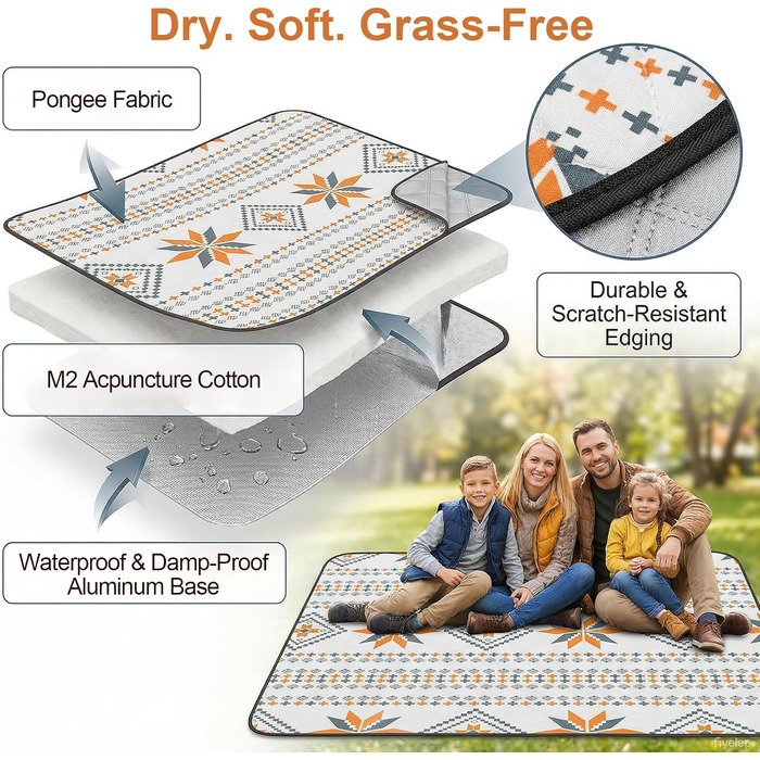 Плед для пікніка 200x200 см водонепроникний, пральний, антипісочний - килимок для пляжу, кемпінгу, 4-6 осіб, з ручкою для перенесення