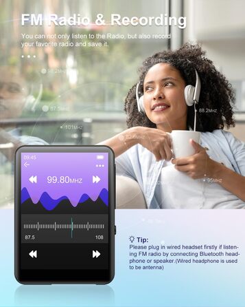 MP3 плеєр 64GB Bluetooth 5.3 HiFi з металевим корпусом, радіо FM, диктофон, сенсорний екран 2.4