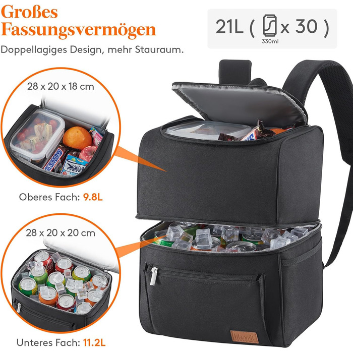 Терморюкзак LifeWit 21L для ланчу, пікніка та подорожей (30 банок), чорний