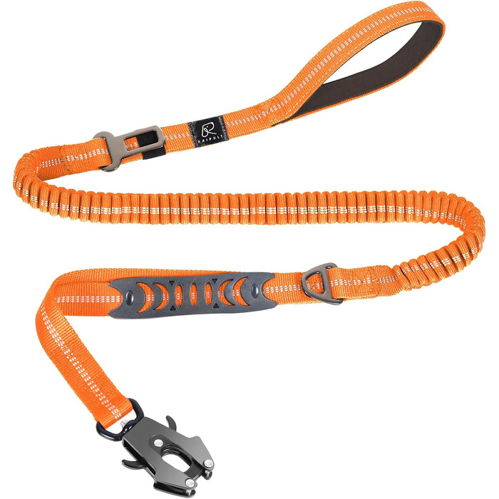 Міцна тактична повід для собак Raiput Bungee, 1.2-1.8 м, проти тяги, з карабіном, світловідбиваючі, амортизуючі, для середніх собак (Orange 2.0, Large)