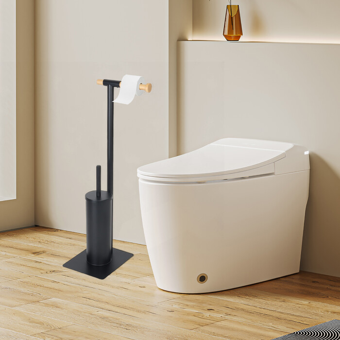 Relaxdays 2-in-1 Black Bamboo Toilet Set