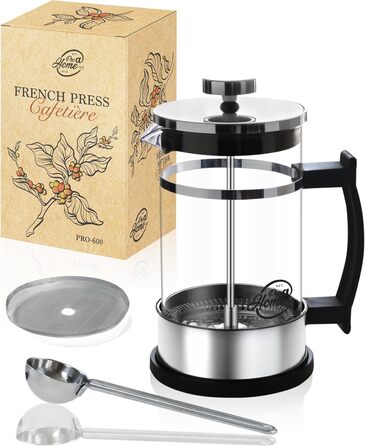 Френч-прес скляний 0,6 л з нержавіючої сталі - набір для приготування кави з запасним фільтром та ложкою - ручна кавомашина для кави та чаю
