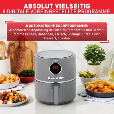 Tefal EY111B Ultra Fry Hot Air Fryer, Air Fryer, Frying, Roasting, Grilling, Baking, 1.2 kg for 6 people, 8 cooking programs, Digital display, energy-saving, healthy fryer without oil, Grey