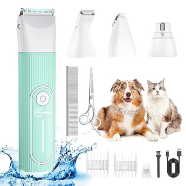 Професійна машинка для стрижки собак та котів Hoofun 4-в-1, IPX7, бездротова, з 4 насадками, для собак, котів, кроликів (біла/блакитна)