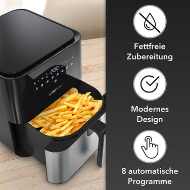 Clatronic® XXL Hot Air Fryer - 5L Fryer | Hot air for fat-free frying | Stainless steel air fryer with digital touchscreen | 360° Air-Flow | Hot air fryer with 8 programs | FR 3782 H