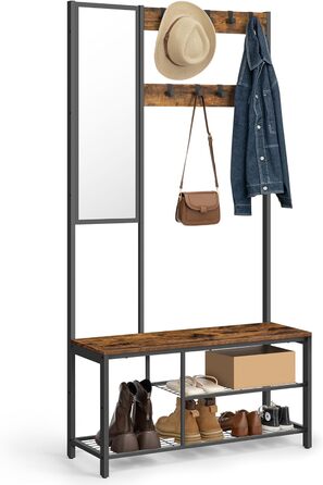 VASAGLE Coat Rack, Coat Stand with Hooks, Clothes Rack with Mirror, Shoe Bench and Shelves, 36 x 98 x 185 cm, for Entryway, Bedroom, Living Room, vintage brown-black HSRAM050B01