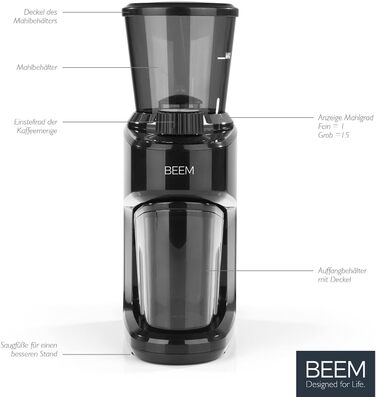 Електрична кавомолка BEEM GRIND-INTENSE 160 г, 15 режимів, конічний сталевий млин, 150 Вт, чорна