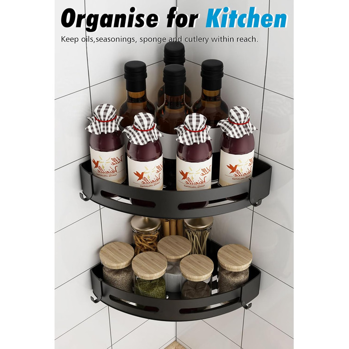GERUIKE Shower Shelf Shower Basket Bathroom Shelf Shower Shelf Corner Black No Drilling Wall Mount Adhesive Aluminum Matte 2 Piece Shower Gel Shampoo Holder Corner Shelf Corner Shelf for Shower Bathroom Kitchen