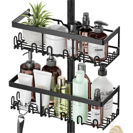 HouseUp Shower Shelf No Drilling, 2 Pack Shower Rod Storage Shelf Stainless Steel for 18mm-25mm Shower Rod, Black Bathroom Organizer Shampoo Holder for Shower