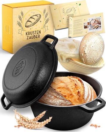 KRUSTENZAUBER 26cm Cast Iron Pot for Bread Baking incl. Proofing Basket - Robust Bread Baking Mold with Lid - Ideal Bread Pot, Bread Baking Pot, Bread Baking Set Cast Iron Pot for Baking Bread, Bread Baking Accessories, Bread Form 4.7l