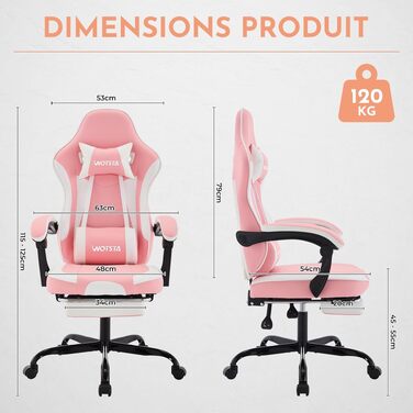 Ігрове крісло Gaming Chair з підніжкою та ергономічною підтримкою попереку, регульована спинка 90-135°, офісне крісло для геймерів, рожево-біле