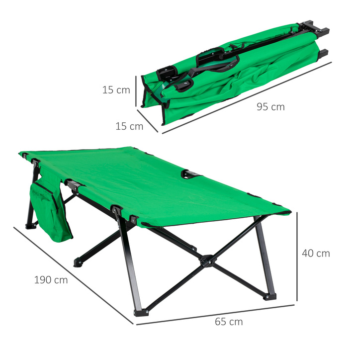 Outsunny Folding Camping Bed - Supports up to 136 kg - Folding Field Bed with Side Pocket - Oxford Green & Black - 200 x 73 x 49 cm - for Outdoor & Travel